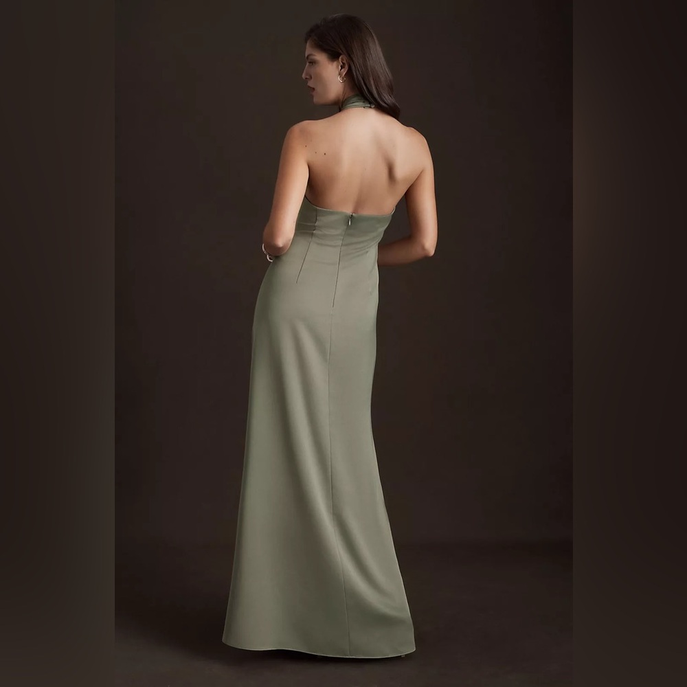 NWT BHLDN Anthropologie Ruby Twist Halter Satin Gown Moss Green - Picture 3 of 9